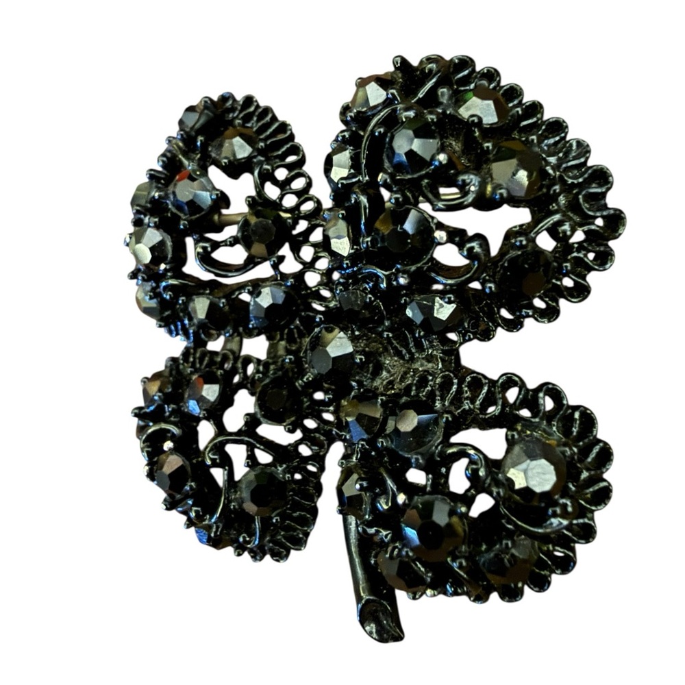 Vintage Black Rhinestone Lucky Four Leaf Clover Brooch Pin